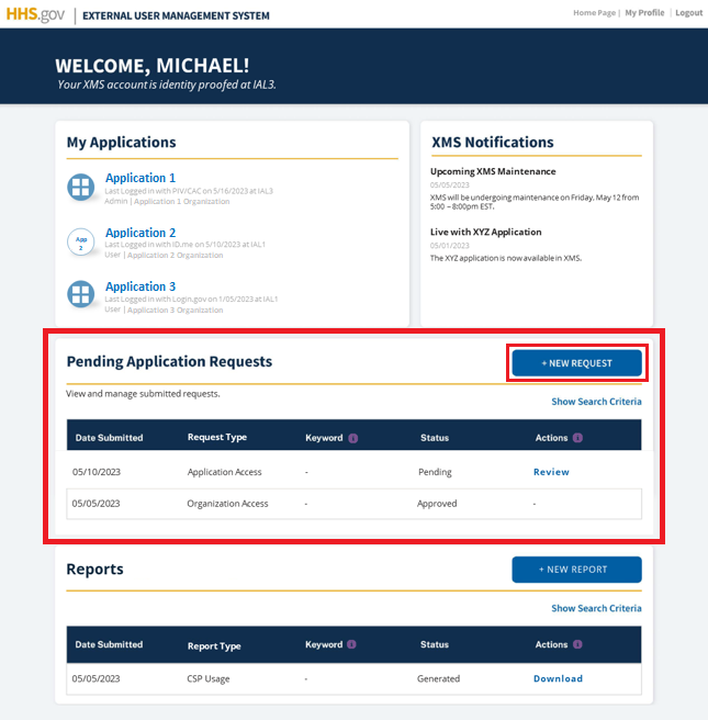 XMS user dashboard with 'Application Management' tab highlighted