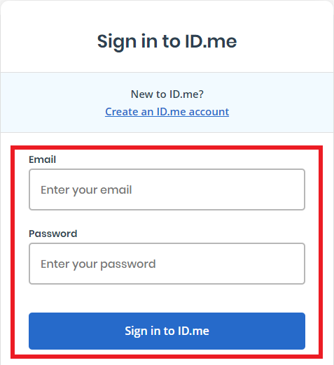 ID.me sign in page with credentials entry fields and 'sign in to ID.me' button highlighted