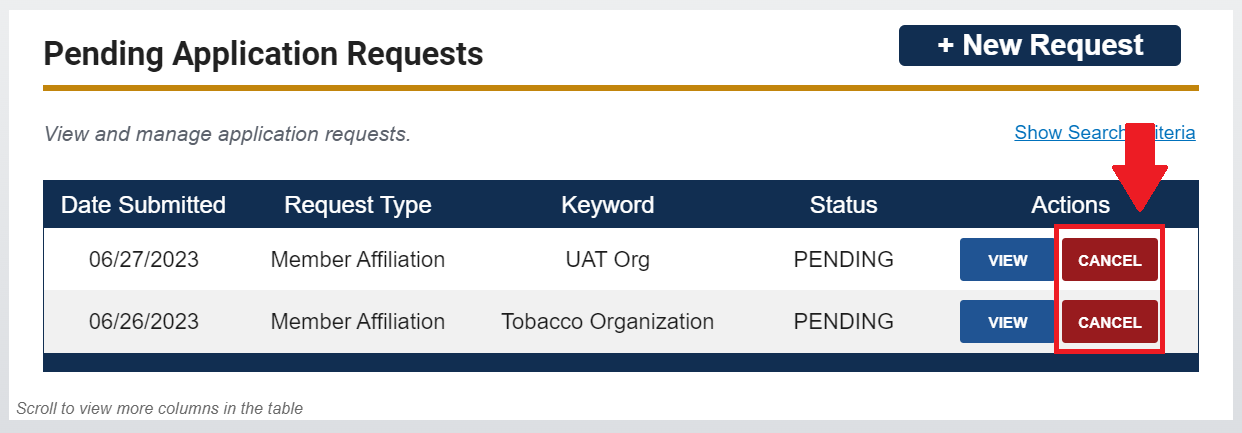 My Requests table with 'Cancel' button highlighted