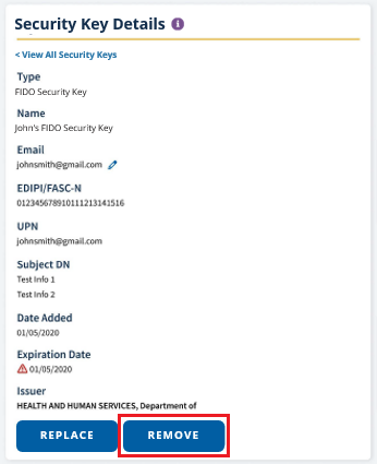 Security Key Details with 'Remove' button highlighted