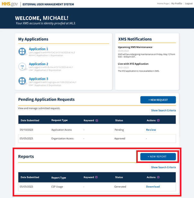 XMS Dashboard with 'Reports' tab highlighted