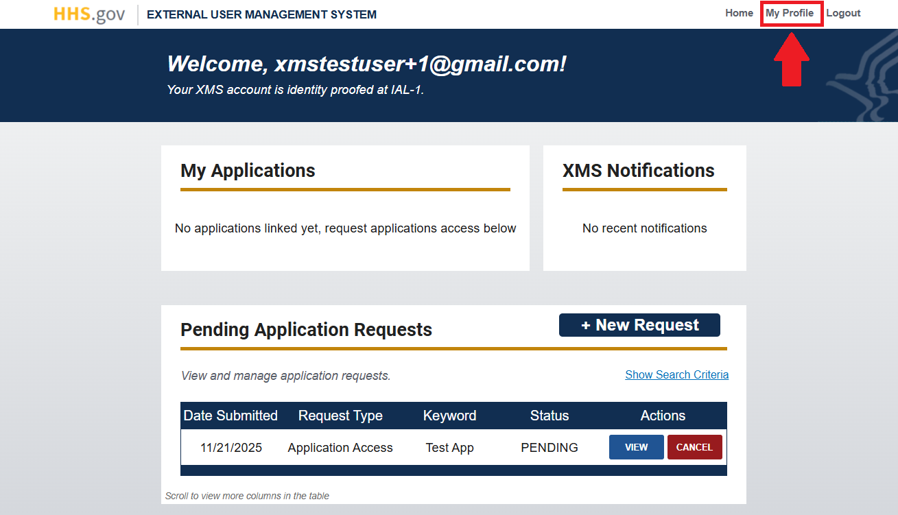XMS user dashboard with 'My Profile' link highlighted