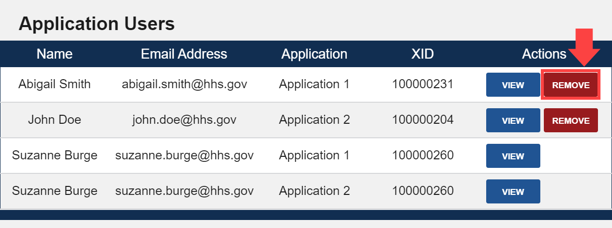 Application Users table with 'Remove' button highlighted