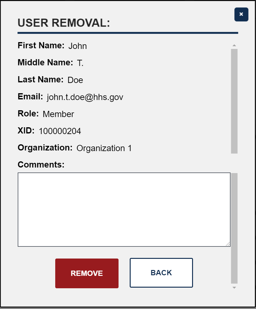 User Removal from organization pop-up window